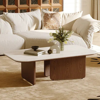 Mid Century 51.18" Coffee Table, Beige Sintered Stone Table Top, 3 Solid Wood Legs, Brown | Wayfair North America