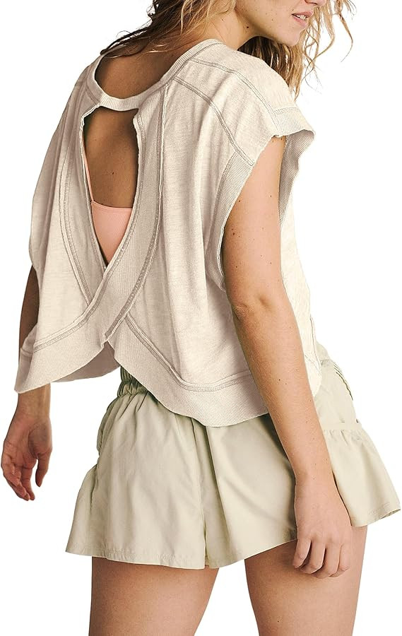 Gacaky Women's Backless Loose Tops Short Sleeve Workout Tops Yoga Tops Dance Clothes Athletic Spo... | Amazon (US)