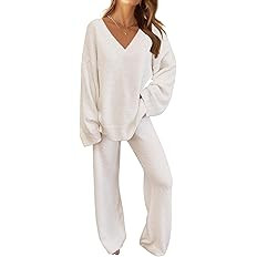 MEROKEETY Women's 2 Piece Outfits Fuzzy Fleece Pajama Set Long Sleeve Top Wide Leg Pants Loungewe... | Amazon (US)