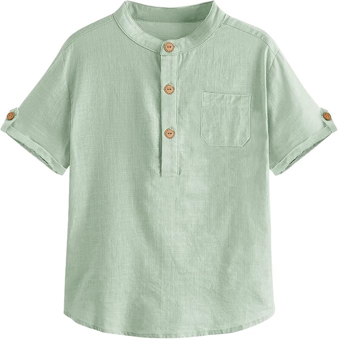 Boys Short Sleeve Henley Shirt Button Up Linen Cotton Dress Shirts Tees Tops with One Pocket | Amazon (US)