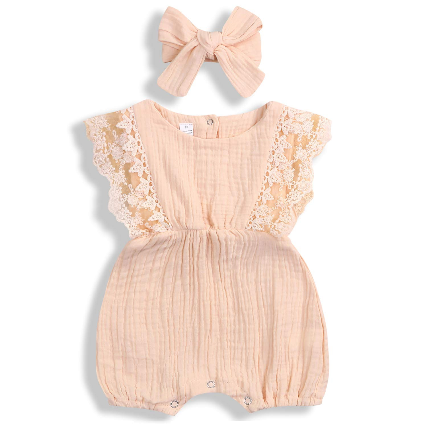 KCSLLCA Baby Girls Lace Romper Set Ruffle Sleeve Solid Color Onesie with Headband | Amazon (US)