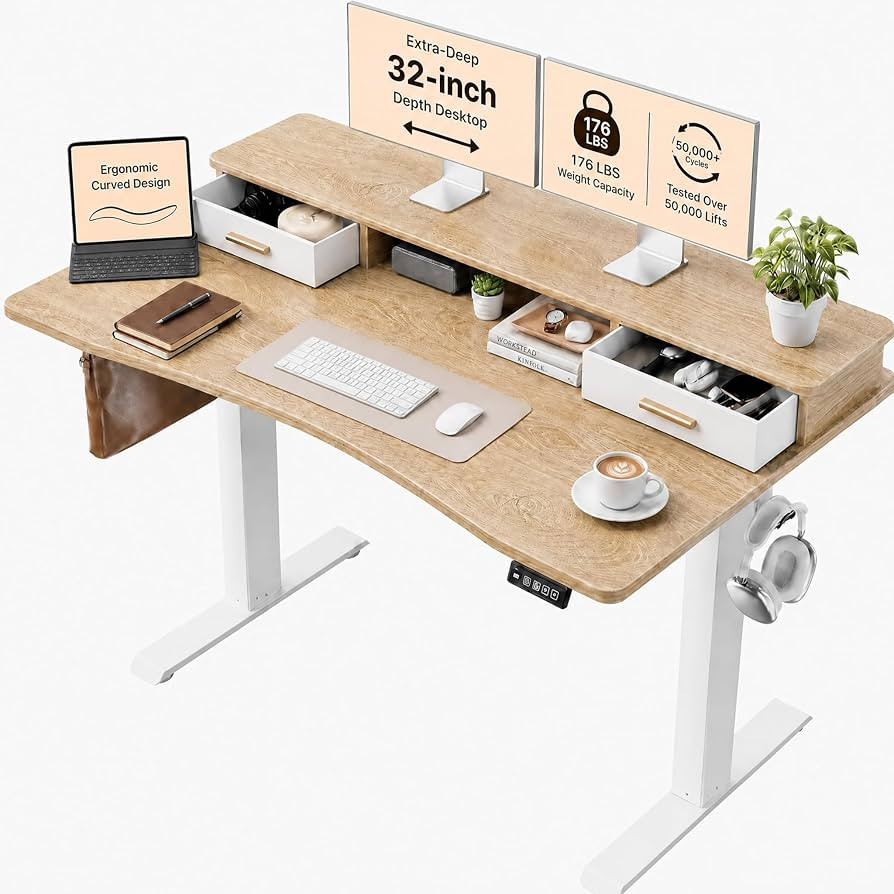 Grandder Electric Standing Desk with Two Drawers, CurvedSit to Stand Up Height Adjustable Desk wi... | Amazon (US)