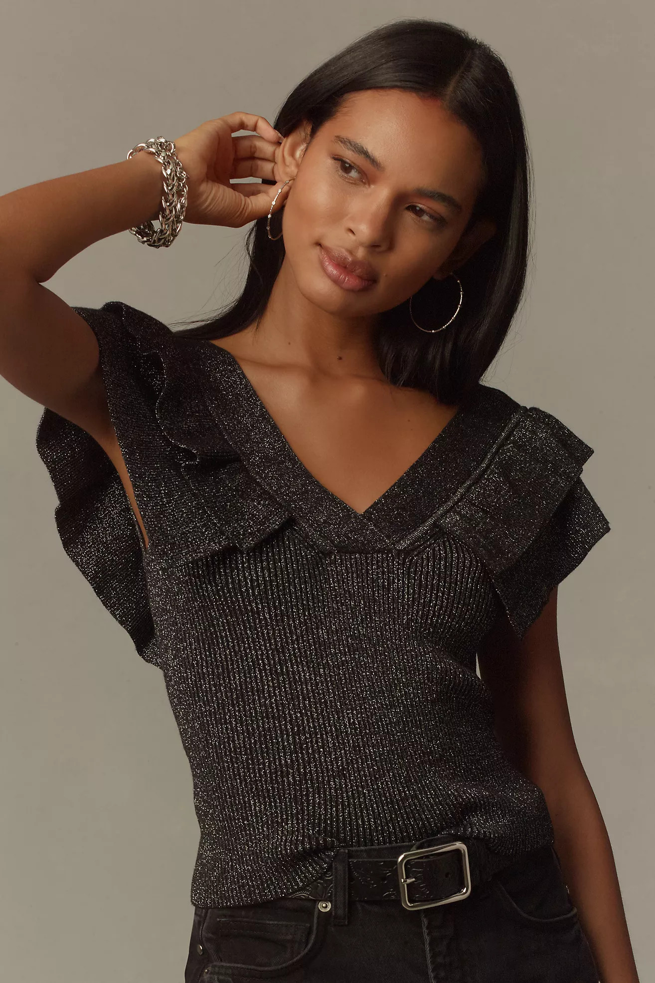 Maeve Short-Sleeve Sparkle Ruffled Sweater | Anthropologie (US)