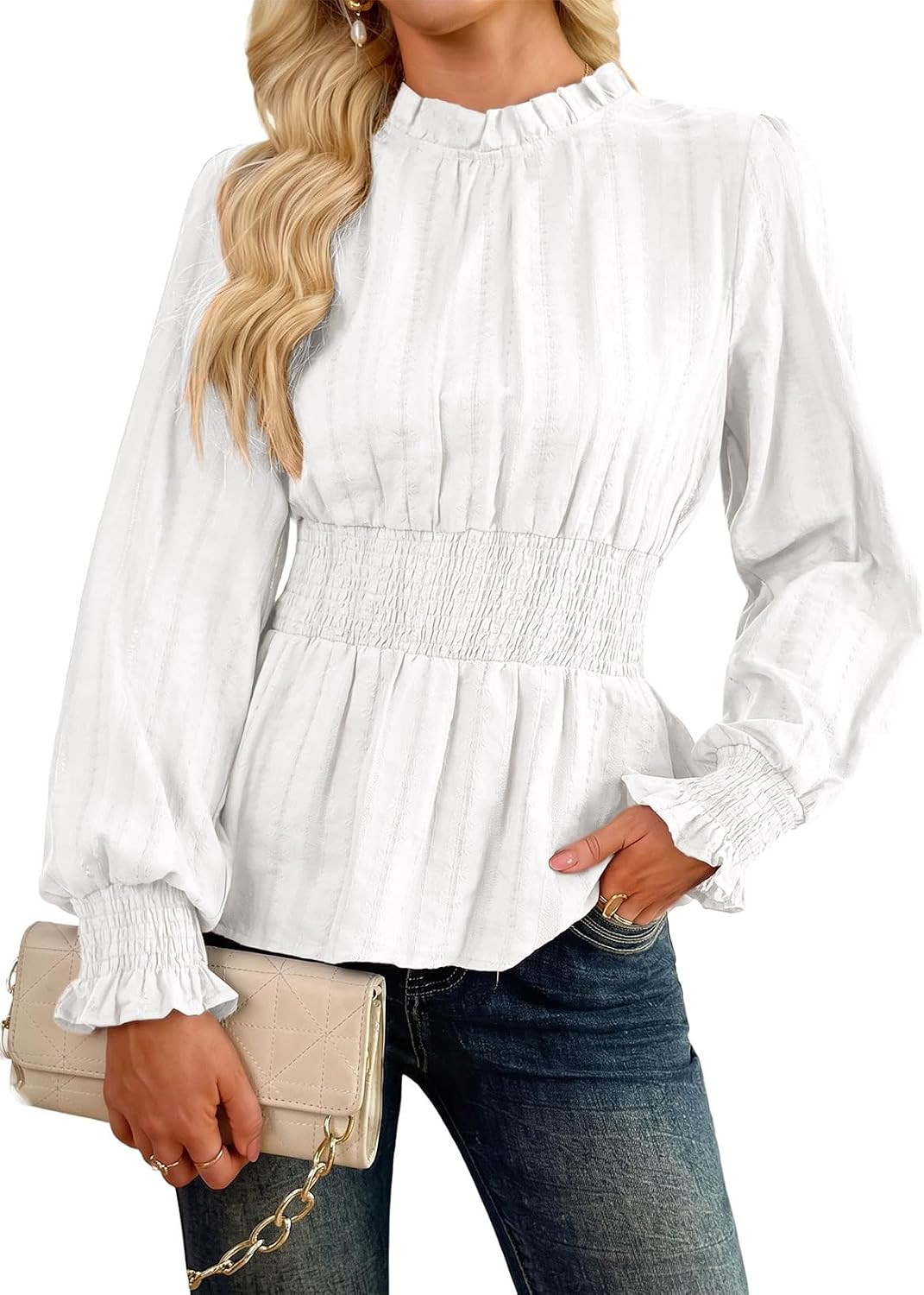 Pink Queen Women's Long Sleeve Blouse Cinched Waist Peplum Cotton Top 2026 | Amazon (US)