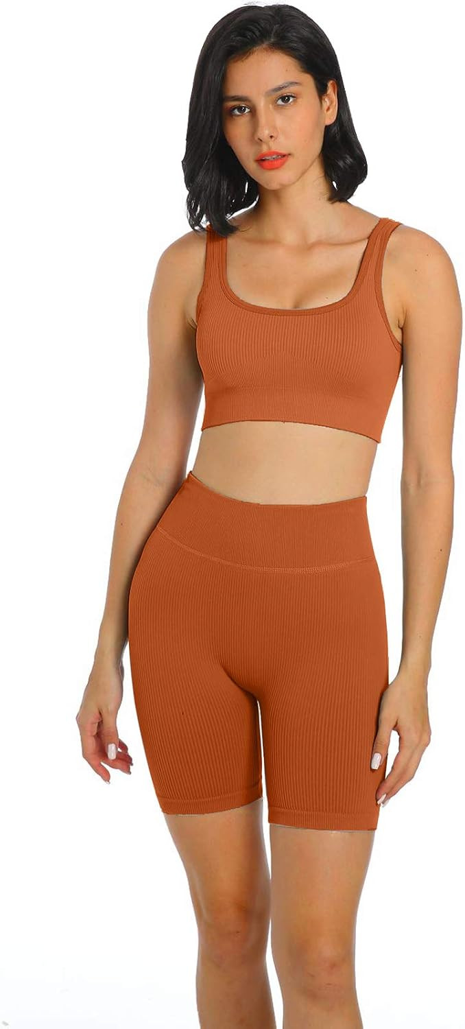 Jetjoy Women's Workout Outfit Set 2 Pcs Seamless Yoga Sports Bra with Leggings Yoga Clothes Set | Amazon (US)