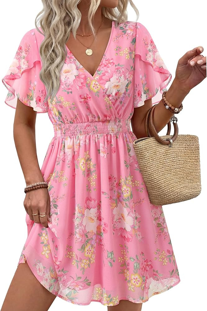 Womens Summer Ruffle Short Sleeve Dress V Neck Flowy Chiffon Layers Boho Dresses | Amazon (US)