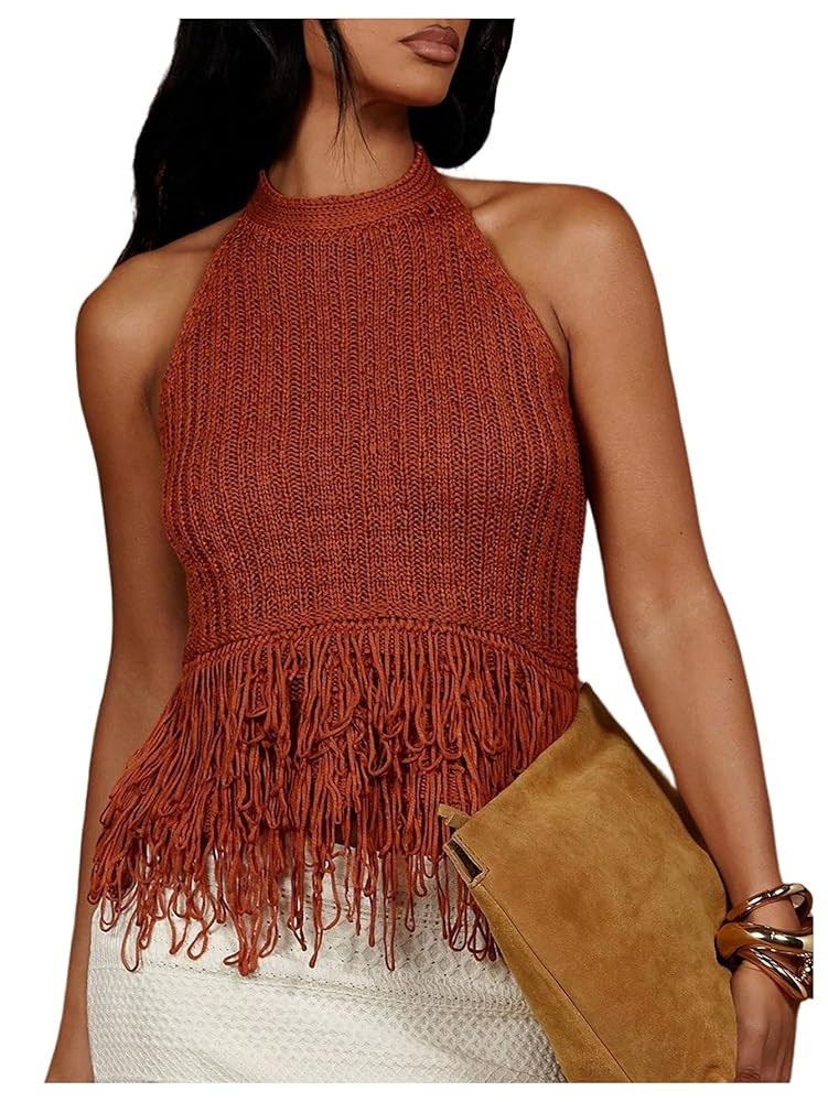 SweatyRocks Women's Fringe Halter Tops Sleeveless Open Back Summer Knit Crochet Tank Top | Amazon (US)