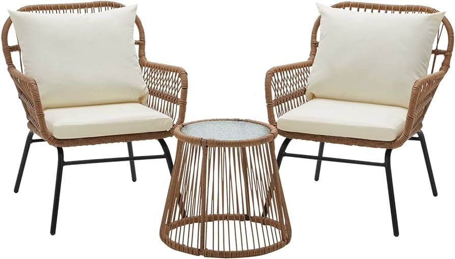 EROMMY 3-Piece Patio Conversation Bistro Set, Outdoor All-Weather Wicker Furniture with Tempered ... | Amazon (US)