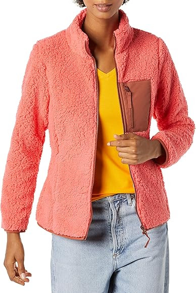 Amazon Essentials Women's Sherpa Long-Sleeve Mock Neck Full-Zip Jacket with Woven Trim (Available... | Amazon (US)