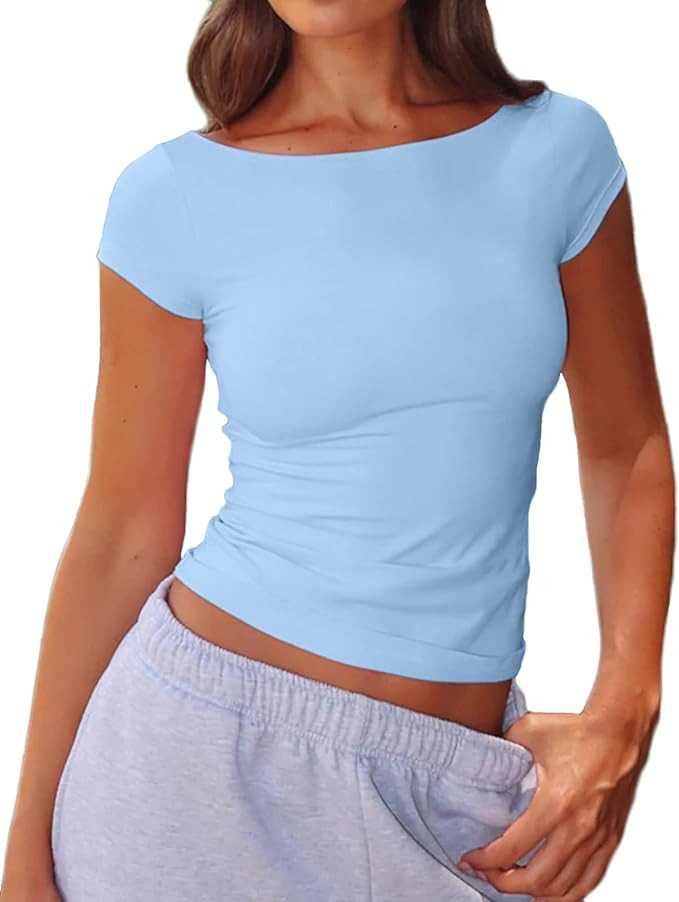 Beumissy Women's Boat Neck Short Sleeve T-Shirts Y2K Cute Going Out Tops Summer Baby Tees | Amazon (US)