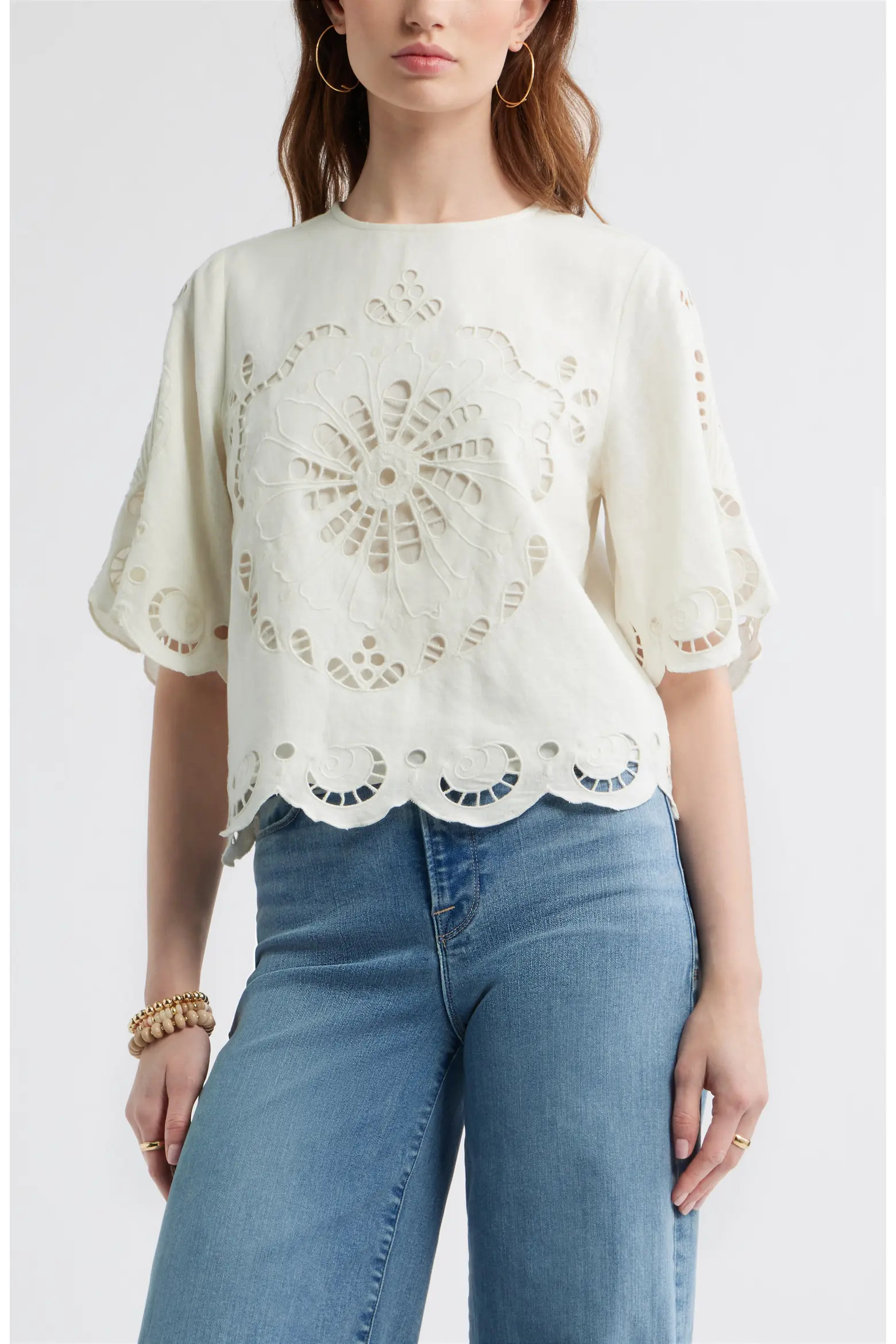Eyelet Linen Blend Top (Women) | Nordstrom | Nordstrom
