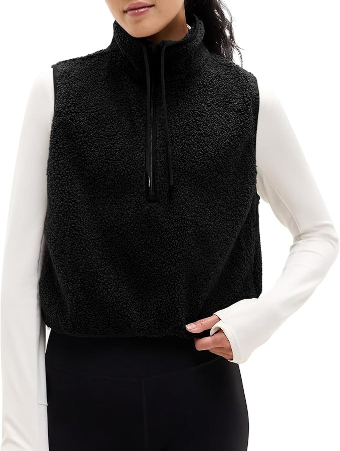 Songling Womens Fuzzy Fleece Vest High Neck Cropped Half Zip Up Warm Sherpa Vest Drawstring Pullo... | Amazon (US)
