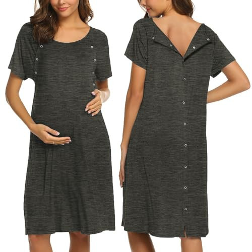 Ekouaer Womens, Nursing Nightgown Nightshirt, Breastfeeding Short Sleeve Birthing Gown For Labor And Delivery, Dark Grey, Medium | Amazon (US)