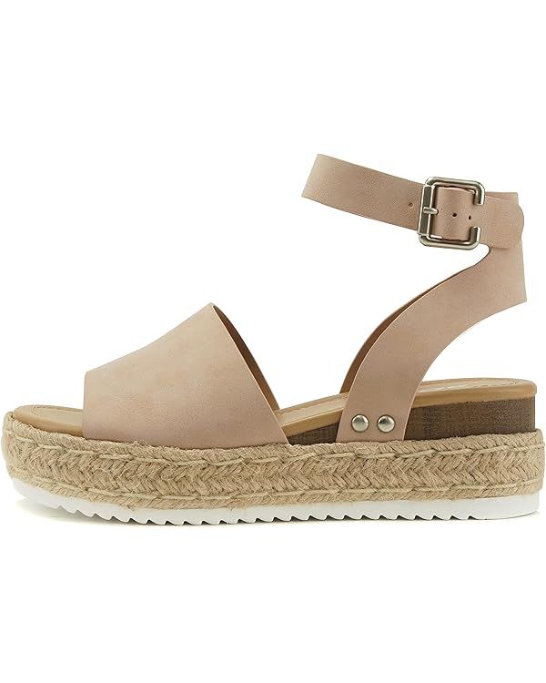 Soda Topic Open Toe Buckle Ankle Strap Espadrilles Flatform Wedge Casual Sandal | Amazon (US)