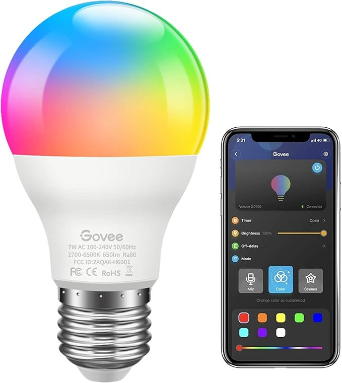 Govee LED Light Bulb Dimmable, Music Sync RGB Color Changing Light Bulb A19 7W 60W Equivalent, Mu... | Amazon (US)
