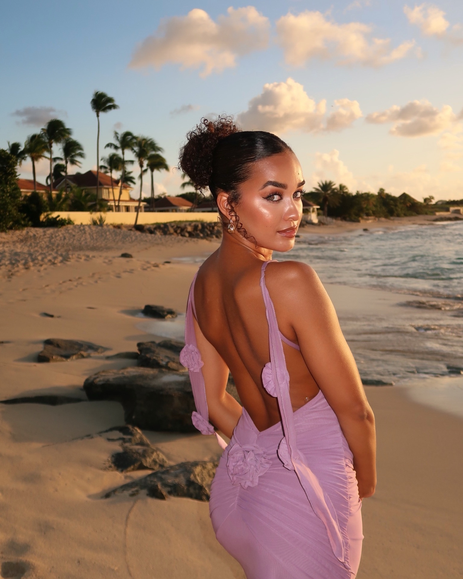 a great wedding guest dress option, I got so many compliments and it’s under $150!! #weddingguestdress#purpledress#lowbackdress