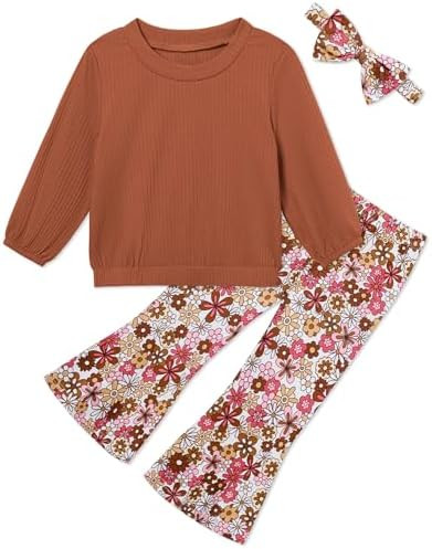 Toddler Girl Clothes Crewneck Long Sleeve Top+Floral Flared Pants Bell Bottom Outfits with Headba... | Amazon (US)