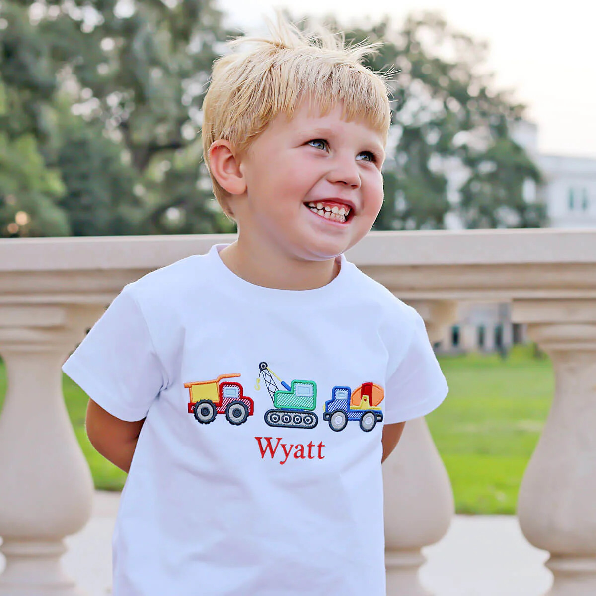 Construction Trucks Applique White Short Sleeve Shirt | Classic Whimsy