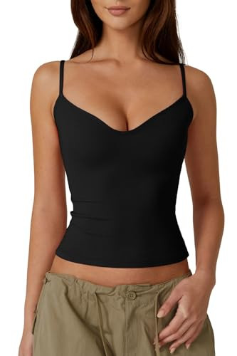 QINSEN Slimming Fit Womens Spaghetti Strap Tee Tops Sexy Sweetheart Neck Cropped Camisole Shirts Black XL | Amazon (US)