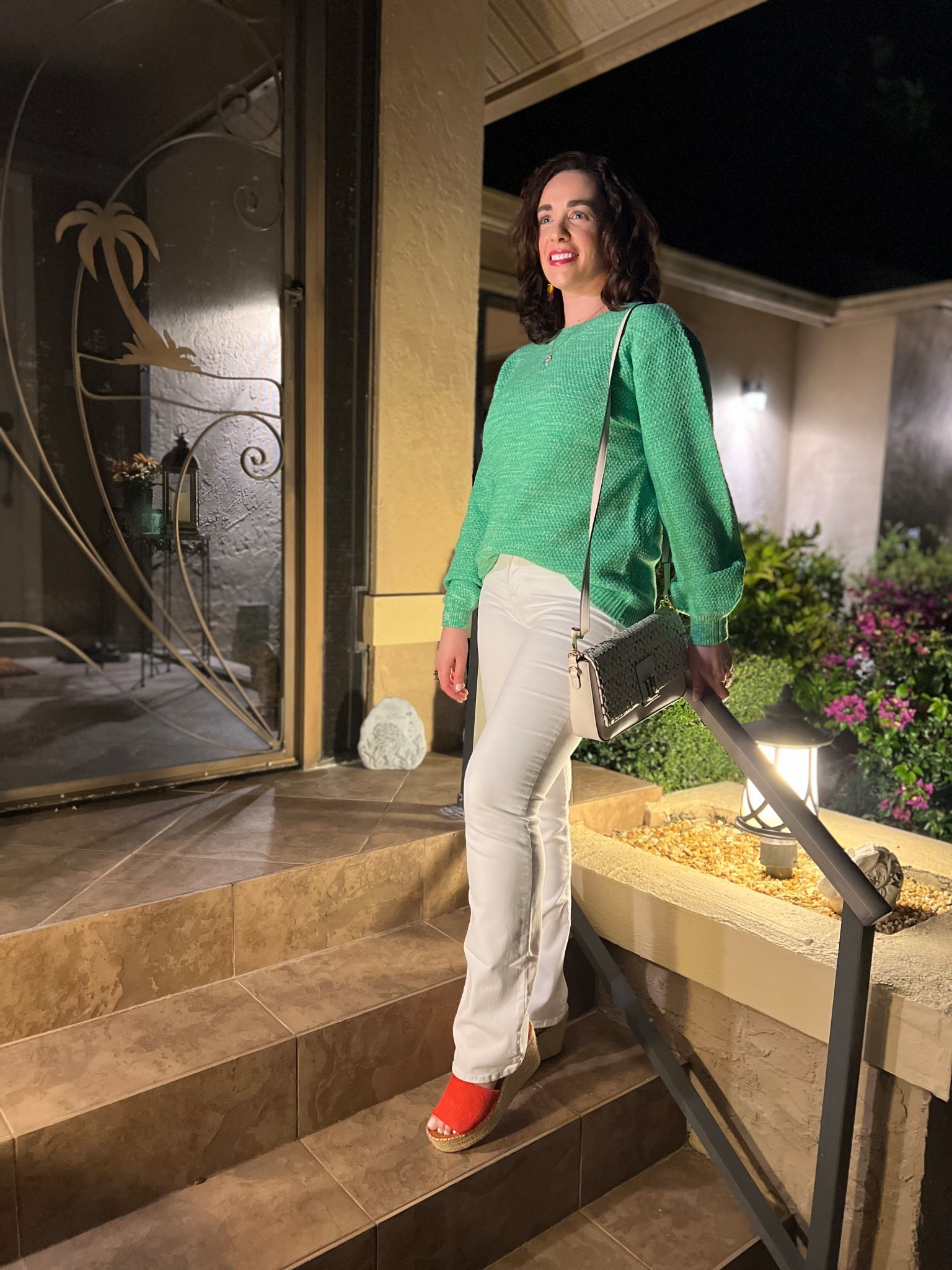 Green sweater (small). White mid rise flare jeans (4). Orange espadrilles (8.5). #sweater #greensweater #jeans #whitejeans #flarejeans #midrisejeans #orangeespadrilles #espadrilles #vacationoutfits #resortwear 
vacation outfits beach
resort wear 2026 @NYDJ @DSW 

#LTKSeasonal #LTKTravel