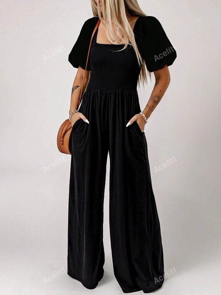 Acelitt Women Plain Minimalist Crew Neck Short Sleeve Jumpsuit, Loose Fit, Casual Daily Wear | SHEIN