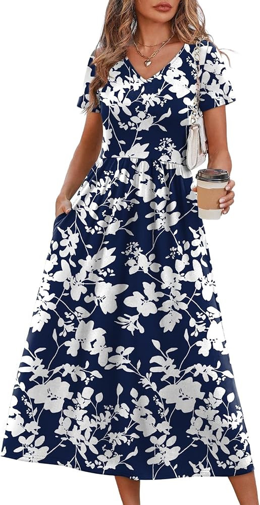 OFEEFAN Summer Dresses for Women Flowy Casual A-Line Midi Dress Beach Vacation Sundresses with Po... | Amazon (US)