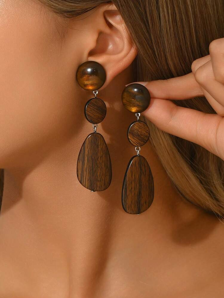 1 Pair Elegant Sexy Asymmetrical Geometric, Wavy, Faux Jade, Multi-Color Floral, Wood Grain, Ink ... | SHEIN