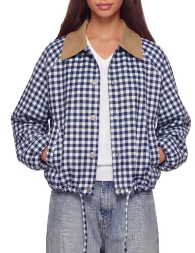 UANEO Women's Cropped Jacket Gingham Plaid Corduroy Collar Bomber Jacket (Navy-XL) | Amazon (US)