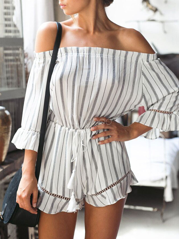 White Stripe Romper Women's Off-the-Shoulder Half-Sleeve Drawstring Playsuit | Milanoo
