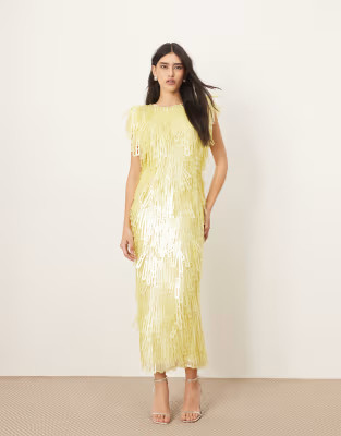 ARRANGE embellished geo sequin shoulder pad midi dress in lemon | ASOS (Global)