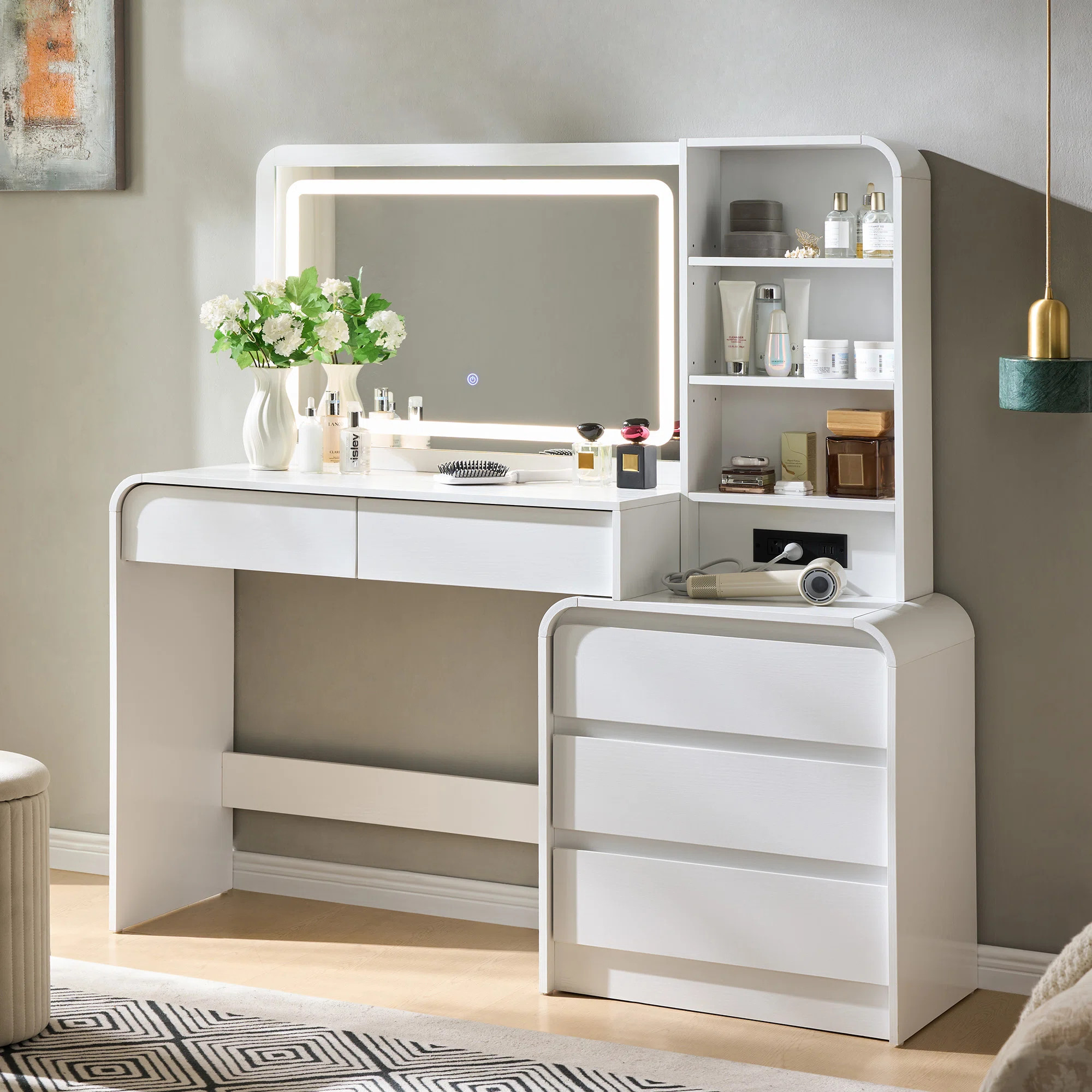 Maud Modern Makeup Vanity Desk with LED Lighted Mirror & Power Outlet & 5 Drawers, Makeup Table w... | Wayfair North America