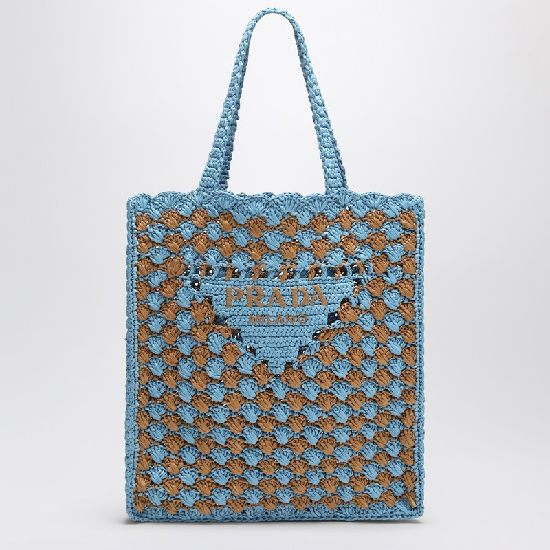 Sky blue/caramel crochet tote bag with logo | The Double F