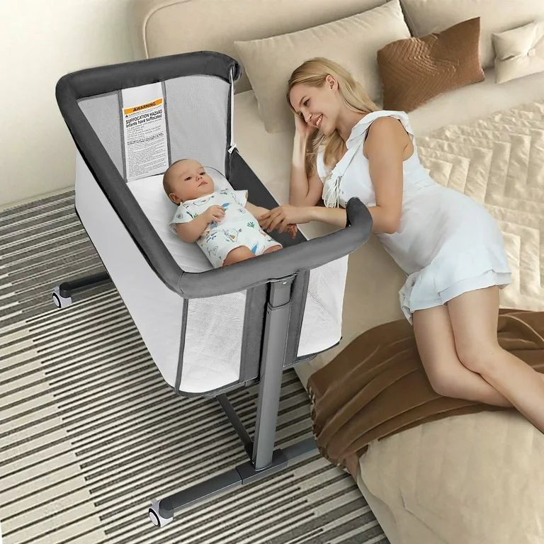 AILEEKISS Baby Bassinet with Wheels Adjustable Bedside Sleeper Bassinet Newborn Baby Crib, Grey | Walmart (US)