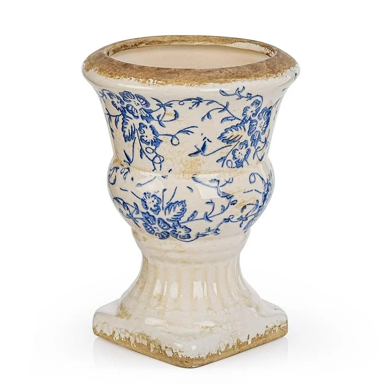 Sungmor Small Ceramic Urn Planter - Blue and White Floral Pedestal Flower Pot, Decorative Vintage... | Walmart (US)
