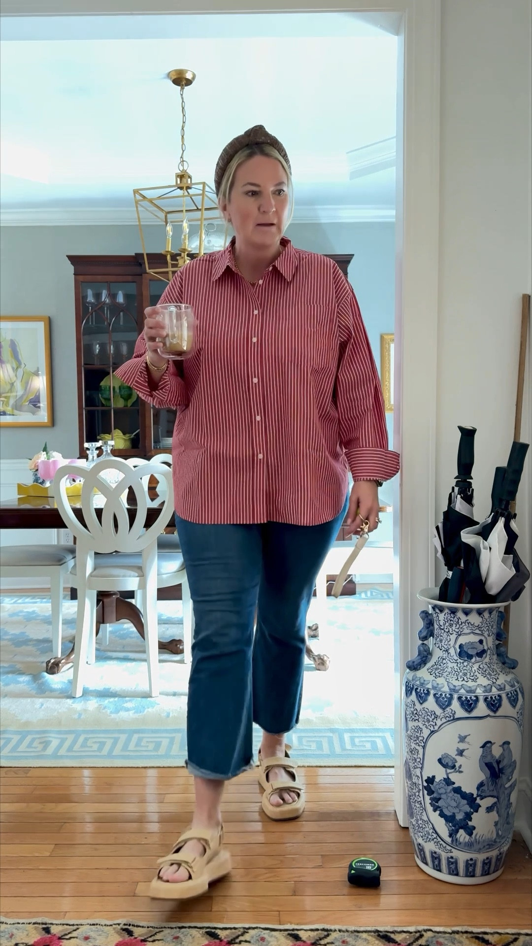 Casual work from home look 
J crew button down 
Loeffler Randall sandals 
OOTD 


#LTKOver40 #LTKSaleAlert