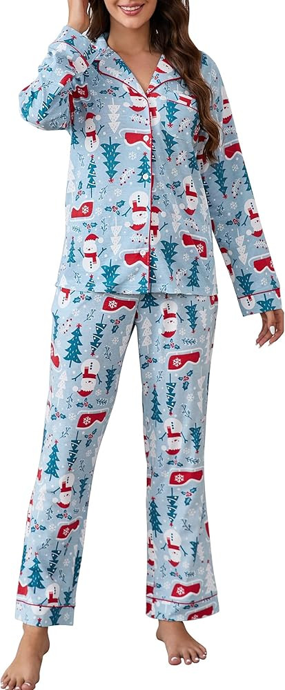 LUBOT 2024 Christmas Pajamas 100% Cotton Womens Pajamas Set 2 Piece Soft Button-Down Xmas PJs Set... | Amazon (US)