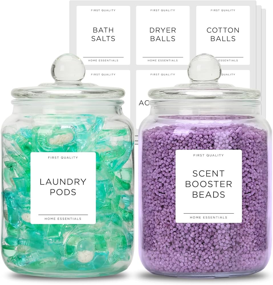 2 Large Glass Jars for Laundry Room Organization, 2000ml Laundry Glass Containers with Labels, St... | Amazon (UK)