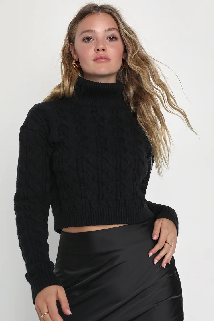 Slope Days Black Cable Knit Cropped Turtleneck Sweater | Lulus (US)