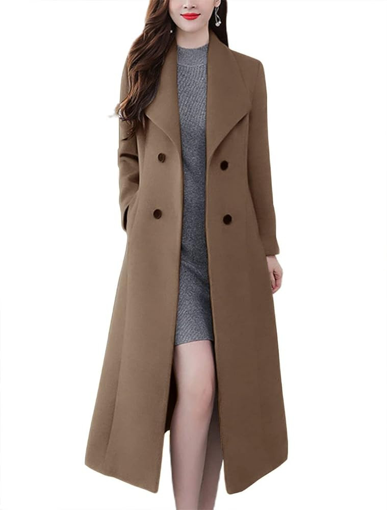 chouyatou Women's Chic Shawl Collar Work Double Breasted Maxi Long Wool Pea Coat | Amazon (US)