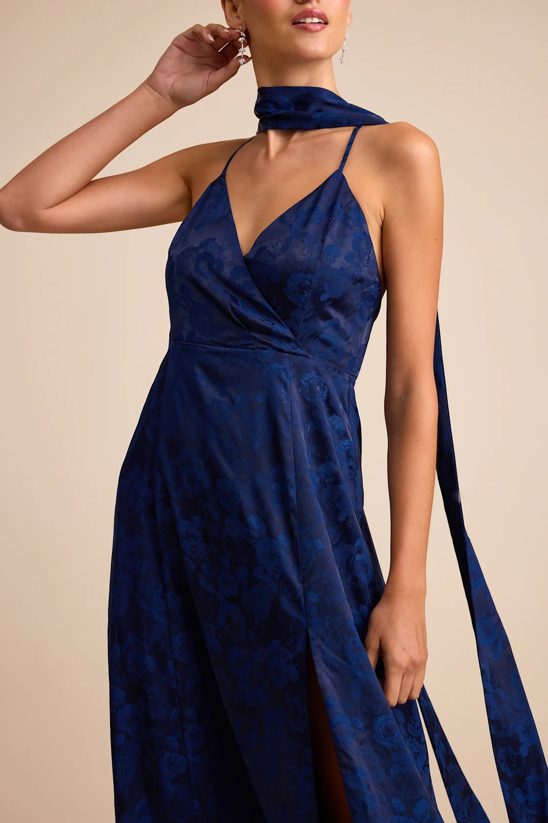 Mahira Navy Satin Jacquard Surplice Sash Scarf Maxi Dress | Lulus