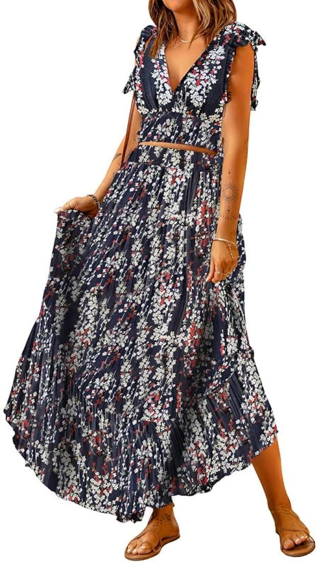 Dokotoo Women's Boho Dress Deep V Neck 2 Piece Skirt Sets Ruffle Cap Sleeve Tie Waist Wrap Chiffo... | Amazon (US)