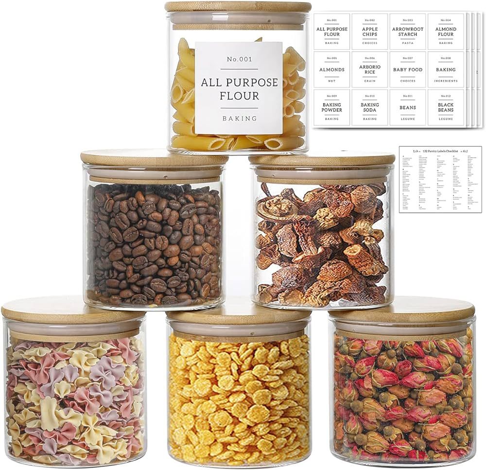 20 OZ Glass Food Storage Jars with 132 Pantry Labels Preprinted - 6 Pcs Thicken Glass Storage Con... | Amazon (US)