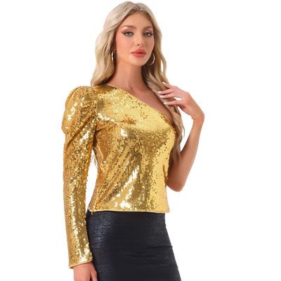 INSPIRE CHIC Women's Sparkly Sequin One-Shoulder Puff Long Sleeve Shimmer Tops Large Gold | Target