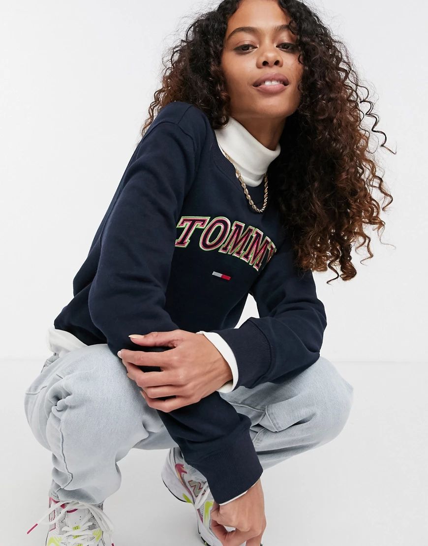 Tommy Jeans logo front collegiate sweater in blue | ASOS (Global)