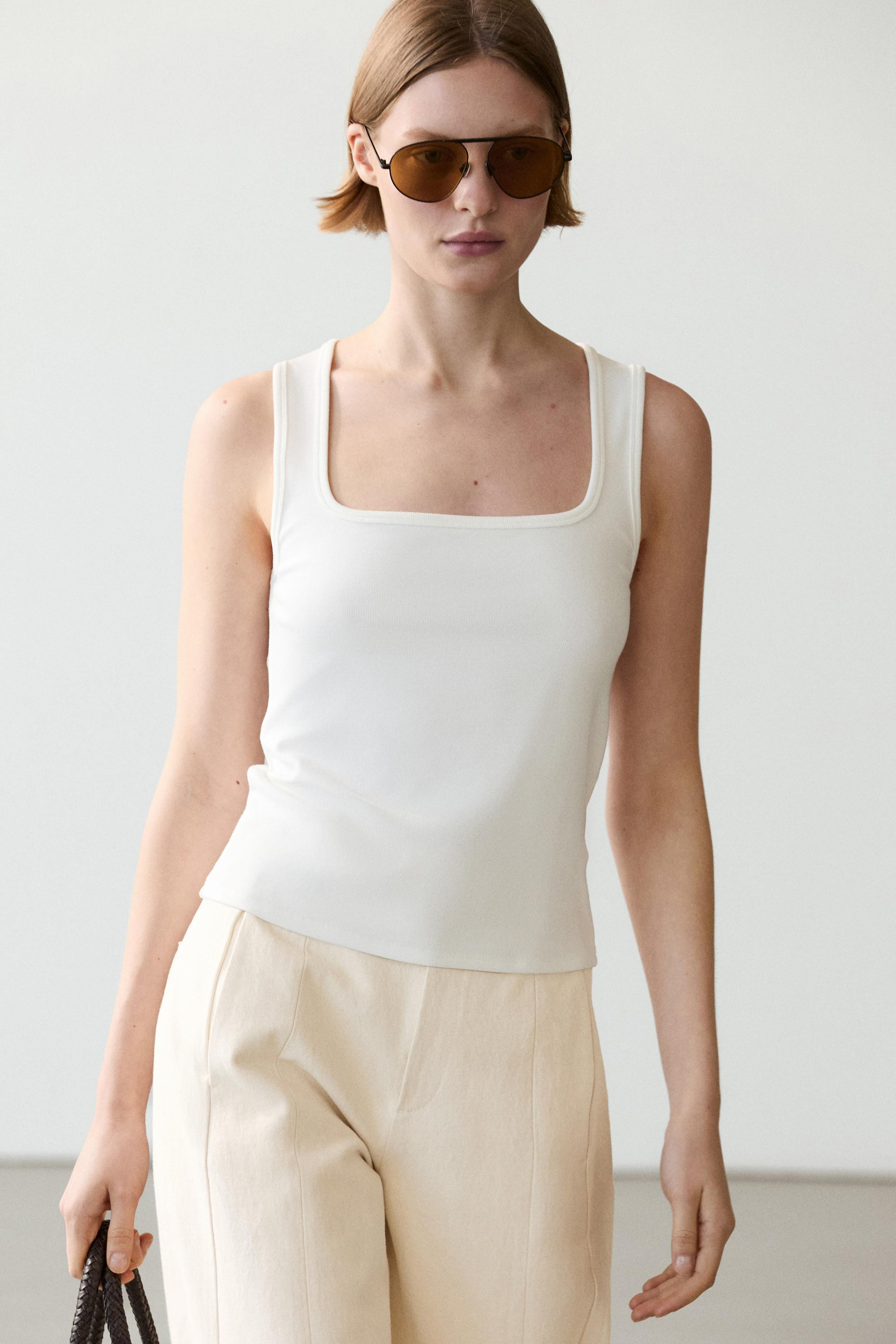 Sleeveless top with square neckline · Off White, Brown · T-shirt | Massimo Dutti | Massimo Dutti UK