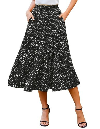 Zeagoo Women's Midi Skirts High Waisted Pleated A-Line Swing Skirts Summer Floral Long Skirts with Pockets Black XL | Amazon (US)