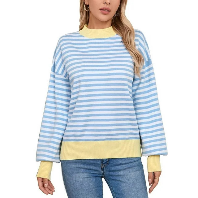 Sweaters for Women Mock Neck Color Contrast Striped Sweater Loose Y2K Juniors Girls Back to Schoo... | Walmart (US)