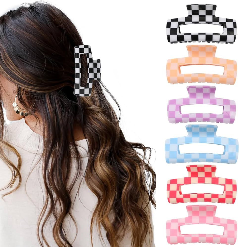 papasgix 6 PCS Checkered Hair Claw Clips, 3.94" Multicolored Large Square Hair Clips, Non-Slip Cl... | Amazon (US)