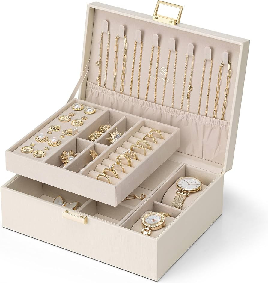 Vlando 2 Layer Jewelry Box Large Jewelry Organizer for Women Removable Jewelery Tray with Watch P... | Amazon (US)