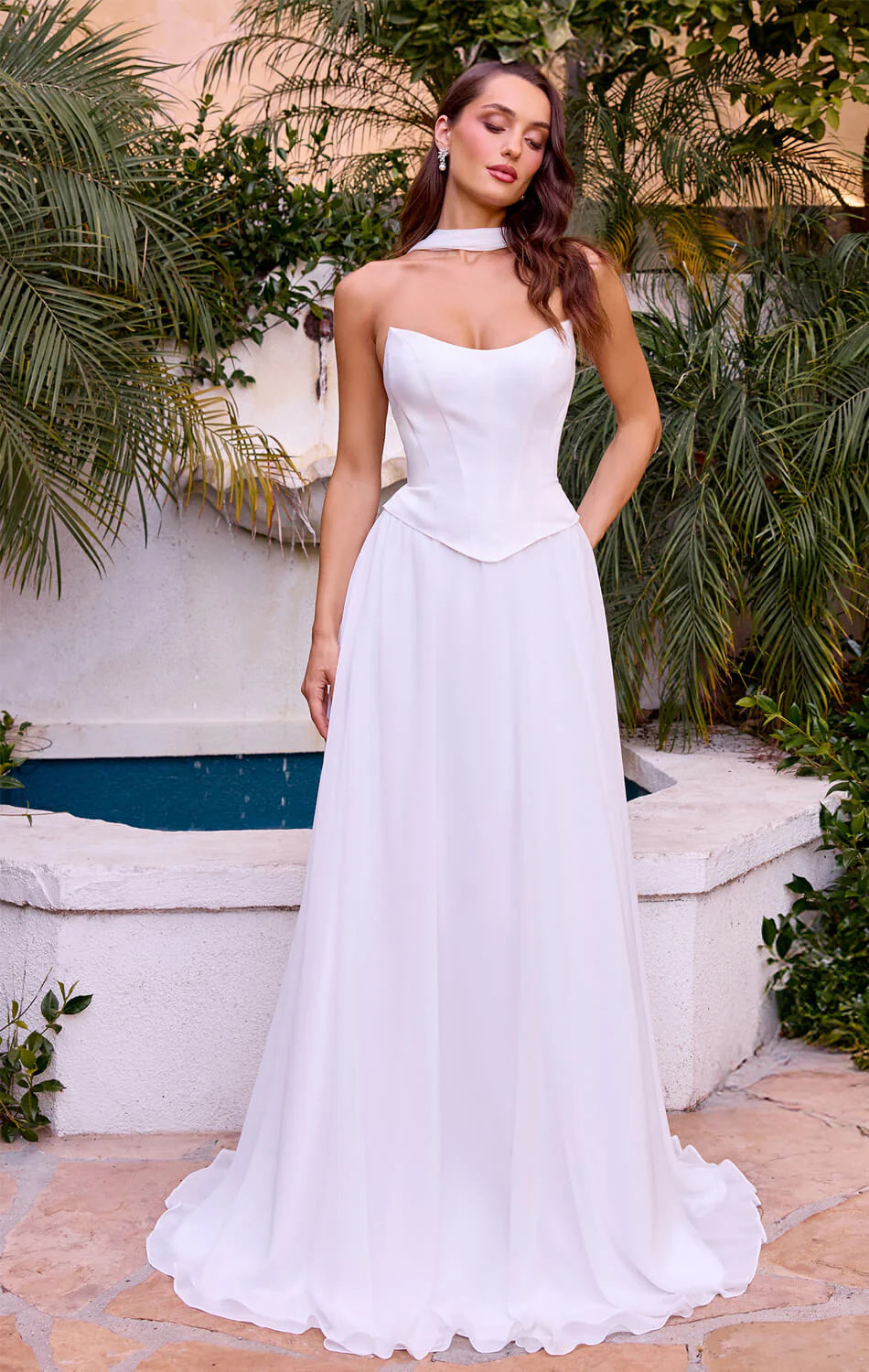 ISABELLA GOWN - OFF WHITE - STRAPLESS CHIFFON DRESS WITH SCARF | Lady Black Tie
